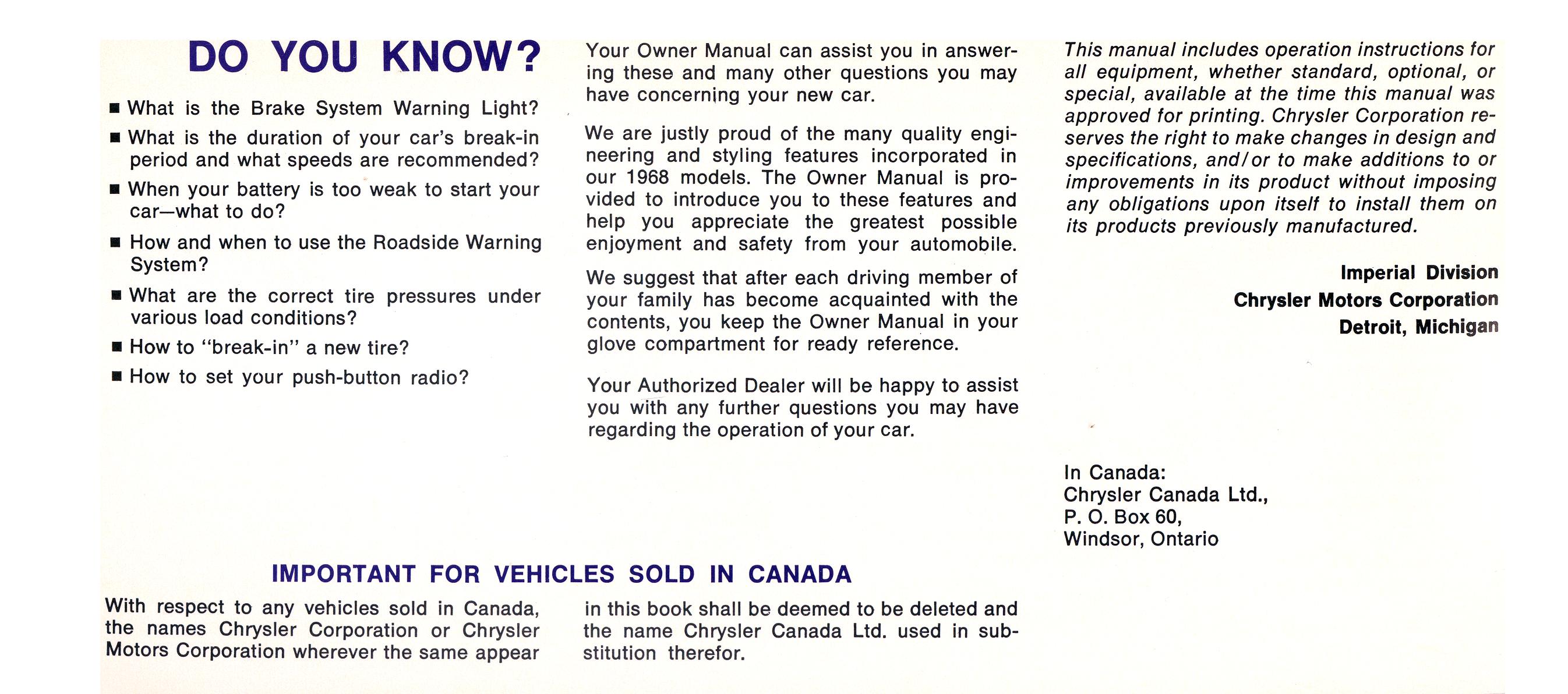 1968 Chrysler Imperial Owners Manual Page 31